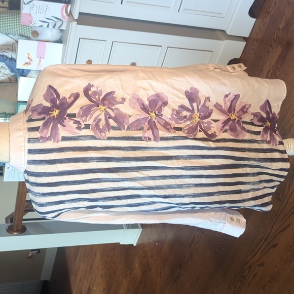 White /Purple 100% Linen Stripes And Floral Print Button Down Tunic Shirt Sz 16 - Picture 5 of 10